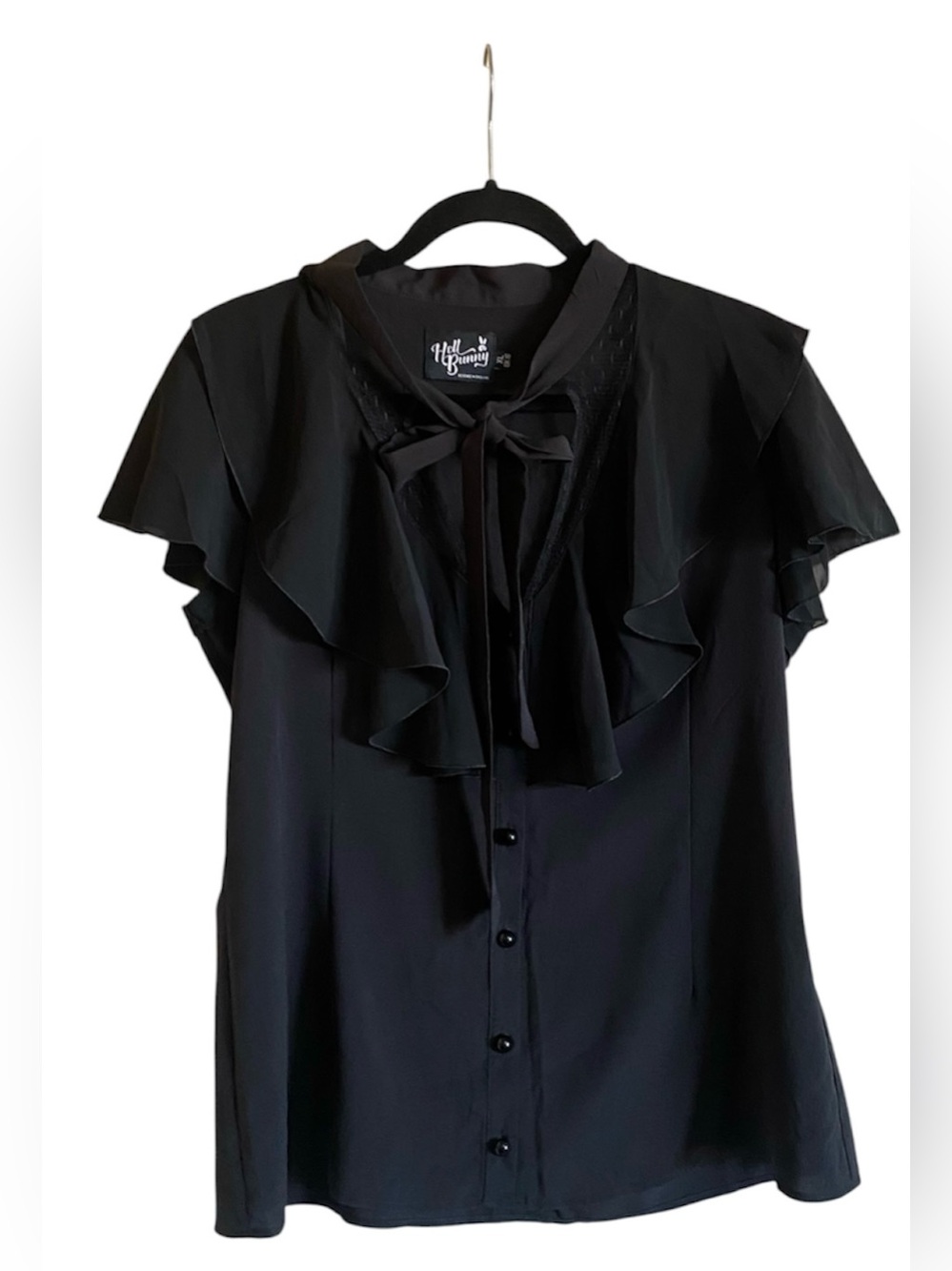 Women’s HELL BUNNY EVANORA Flutter Sleeve Tie Neck Chiffon Black Blouse Top XL